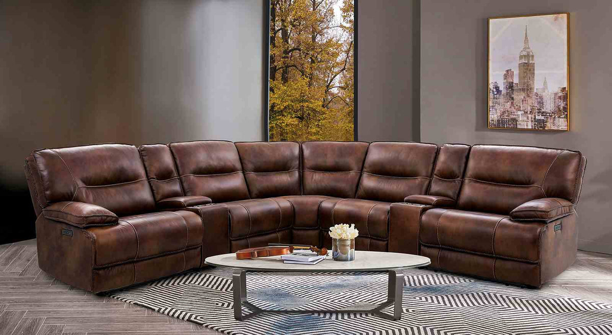 Louella Brown Power Sectional, rustic brown leather, L-shaped transitional lounge view
