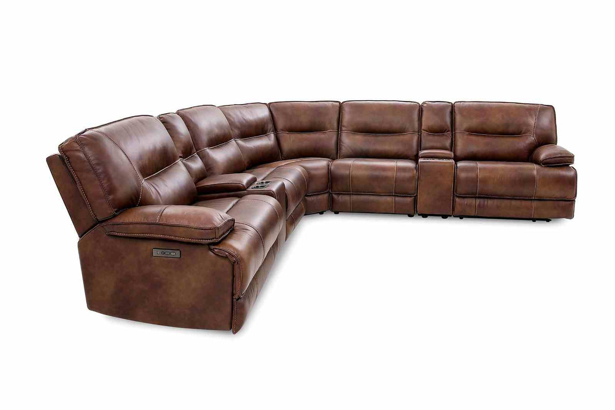 Louella Brown sectional, brown leather, power recliners and center console, front three-quarter view