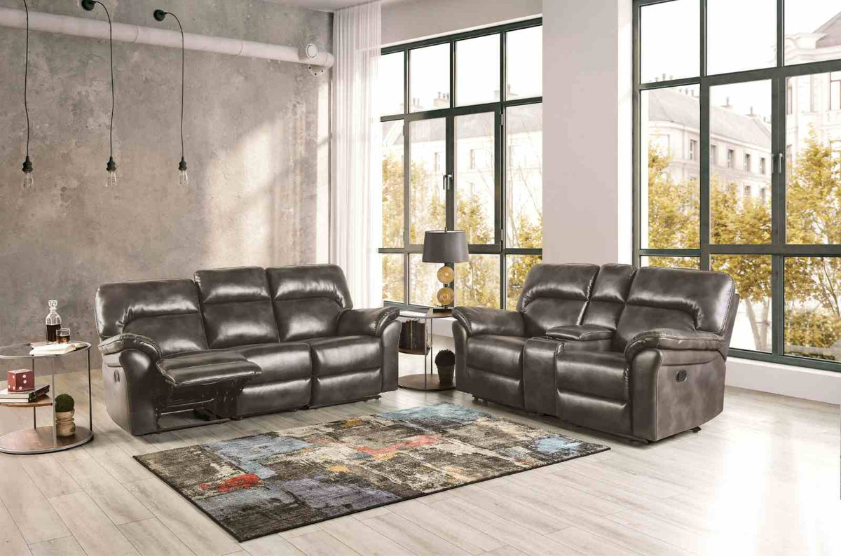 Josias Dark reclining loveseat, dark gray leatherette, front lifestyle view