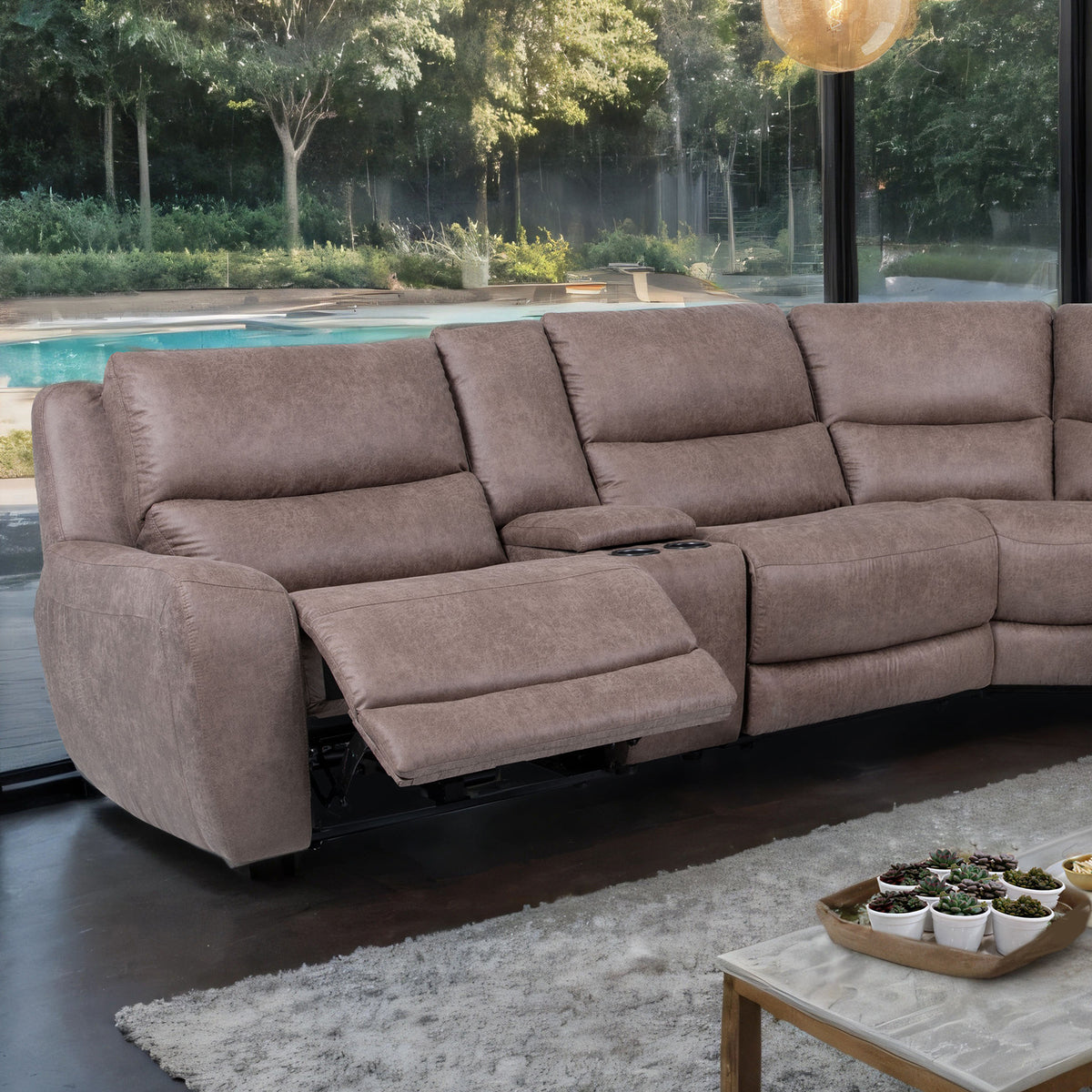 Demetrius Slate Brown Power Sectional, left recliner extended, poolside lifestyle view