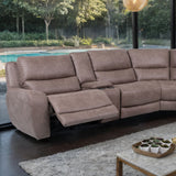 Demetrius Slate Brown Power Sectional, left recliner extended, poolside lifestyle view