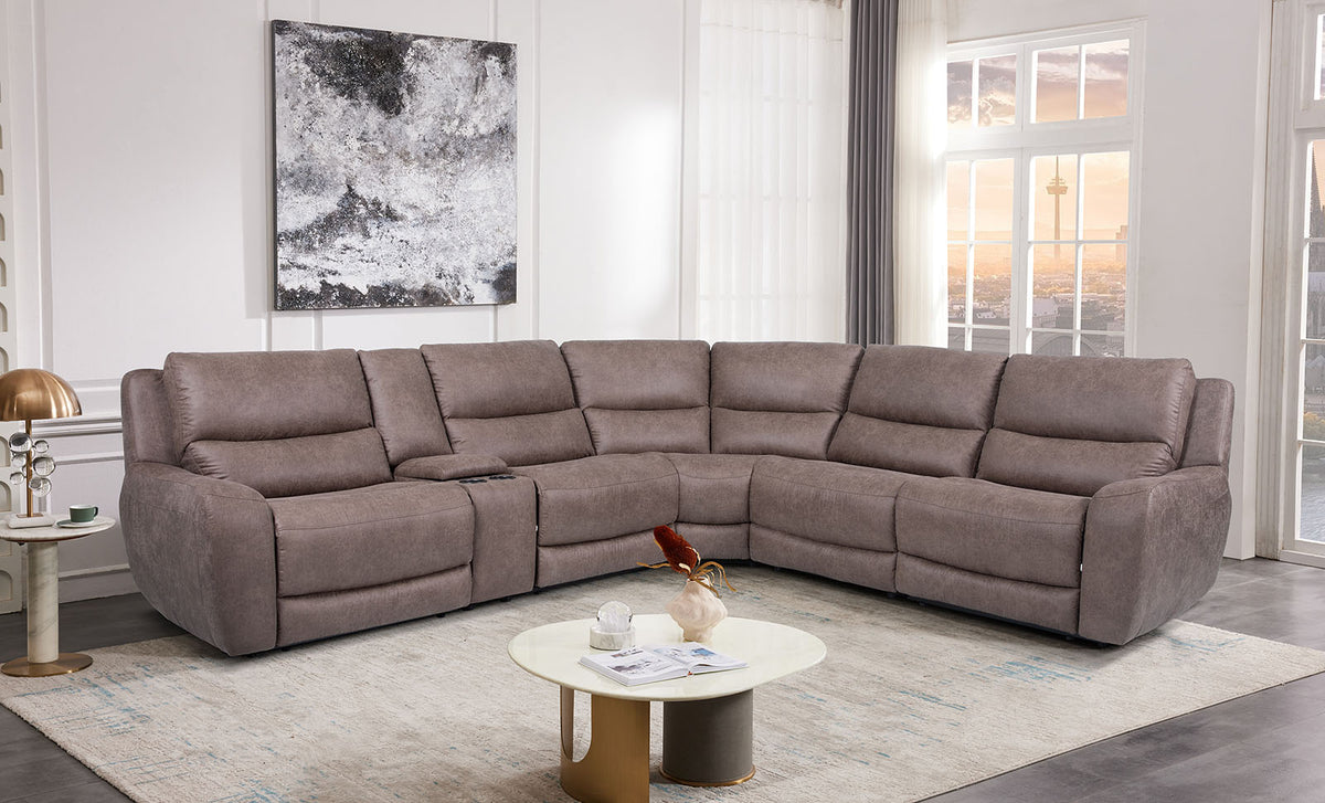Demetrius Slate Brown Power Sectional, full L-shaped seating group, bright living room view