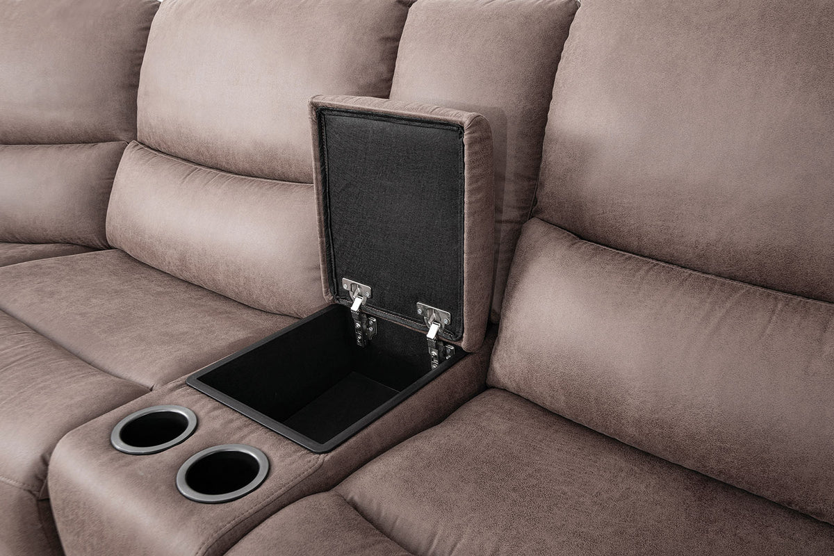 Demetrius Slate Brown Power Sectional, storage console with hinged lid and cup holders, close-up