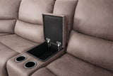 Demetrius Slate Brown Power Sectional, storage console with hinged lid and cup holders, close-up