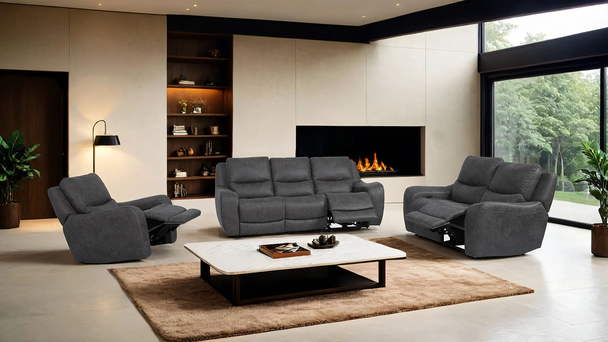 Demetrius Dark Gray Power Loveseat in modern living room, centered with matching recliners