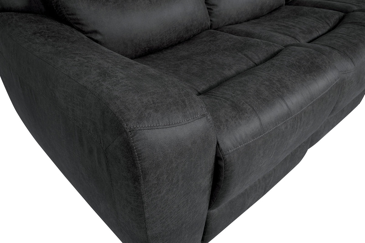 Demetrius Dark Gray Power Loveseat, close-up of rounded track arm and seat seam