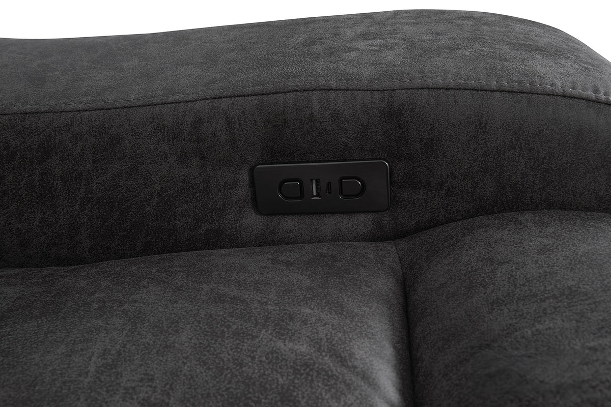 Demetrius Dark Gray power sofa control panel, built-in recliner buttons, upholstered back detail