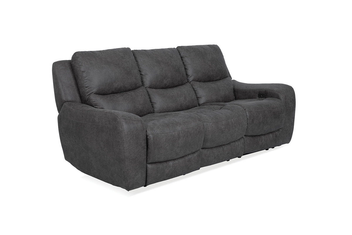 Demetrius Dark Gray power sofa, oversized three-seat design, plush track arms, front three-quarter view