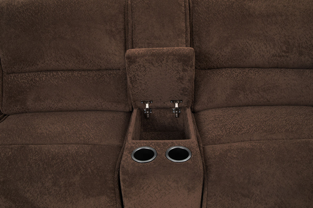 Damasus Java Power Sectional console, storage lid open with dual cup holders, close-up detail