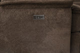 Damasus Java Power Sectional power button, plush brown upholstery and reclining control detail