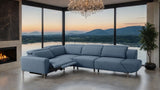 Melancton Blue sectional, full lifestyle view with recliner open, modern blue upholstery