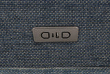 Melancton Blue sectional, power control panel close-up, blue woven fabric