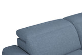 Melancton Blue sectional, power headrest detail, blue upholstery, side studio view