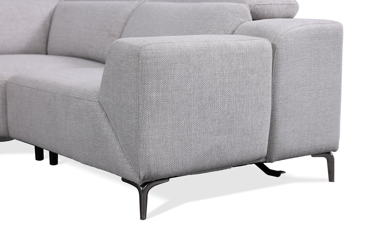 Melancton Light sectional arm detail, blocky light gray upholstery with tapered metal legs