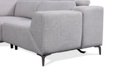 Melancton Light sectional arm detail, blocky light gray upholstery with tapered metal legs