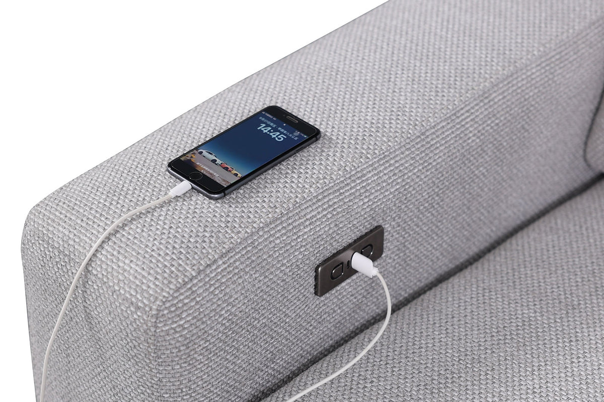 Melancton Light sectional, built-in power control and USB port on arm, close-up detail