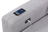 Melancton Light sectional, built-in power control and USB port on arm, close-up detail
