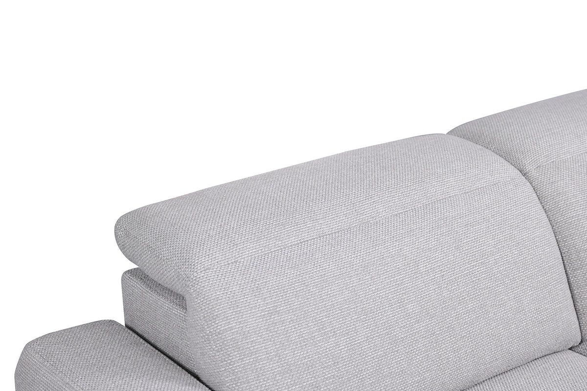 Melancton Light sectional headrest detail, adjustable padded back in light gray fabric
