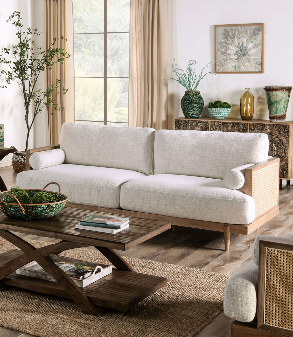 Furniture of America Alesund Beige & Light Oak Sofa