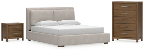 Cabalynn California King Upholstered Bed with Chest and Nightstand in Light Brown from Ashley Furniture - Luna Furniture