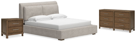 Cabalynn California King Upholstered Bed with Dresser and Nightstand in Light Brown from Ashley - Luna Furniture