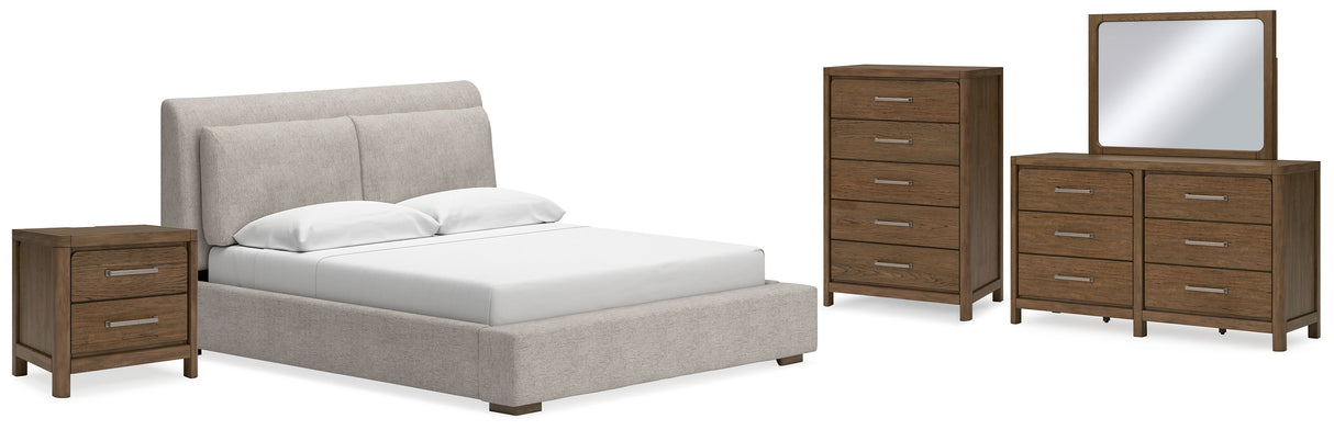 Cabalynn California King Upholstered Bed with Mirrored Dresser, Chest and Nightstand in Light Brown from Ashley - Luna Furniture