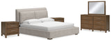 Cabalynn California King Upholstered Bed with Mirrored Dresser and 2 Nightstands in Light Brown from Ashley - Luna Furniture