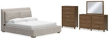 Cabalynn California King Upholstered Bed with Mirrored Dresser and Chest in Light Brown from Ashley - Luna Furniture