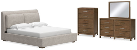 Cabalynn California King Upholstered Bed with Mirrored Dresser and Chest in Light Brown from Ashley - Luna Furniture