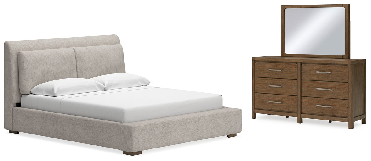 Cabalynn California King Upholstered Bed with Mirrored Dresser in Light Brown from Ashley - Luna Furniture