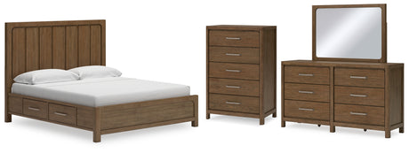 Cabalynn King Panel Bed with Storage with Mirrored Dresser and Chest in Light Brown from Ashley - Luna Furniture