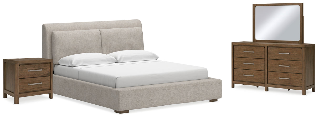 Cabalynn King Upholstered Bed with Mirrored Dresser and Nightstand in Light Brown from Ashley - Luna Furniture