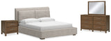 Cabalynn King Upholstered Bed with Mirrored Dresser and Nightstand in Light Brown from Ashley - Luna Furniture
