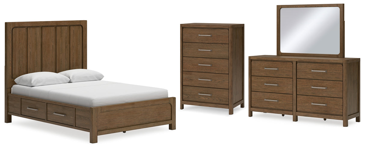Cabalynn Queen Panel Bed with Storage with Mirrored Dresser and Chest in Light Brown from Ashley - Luna Furniture