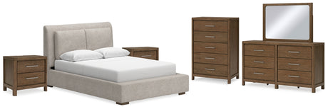 Cabalynn Queen Upholstered Bed with Mirrored Dresser, Chest and 2 Nightstands in Light Brown from Ashley - Luna Furniture