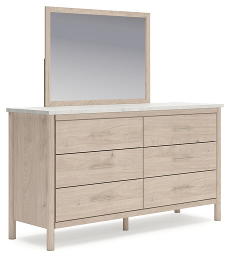 Cadmori Queen Upholstered Panel Bed with Mirrored Dresser and Chest in Two-tone from Ashley - Luna Furniture