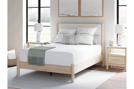 Cadmori Tan/Beige Queen Upholstered Platform Bed from Ashley - Luna Furniture