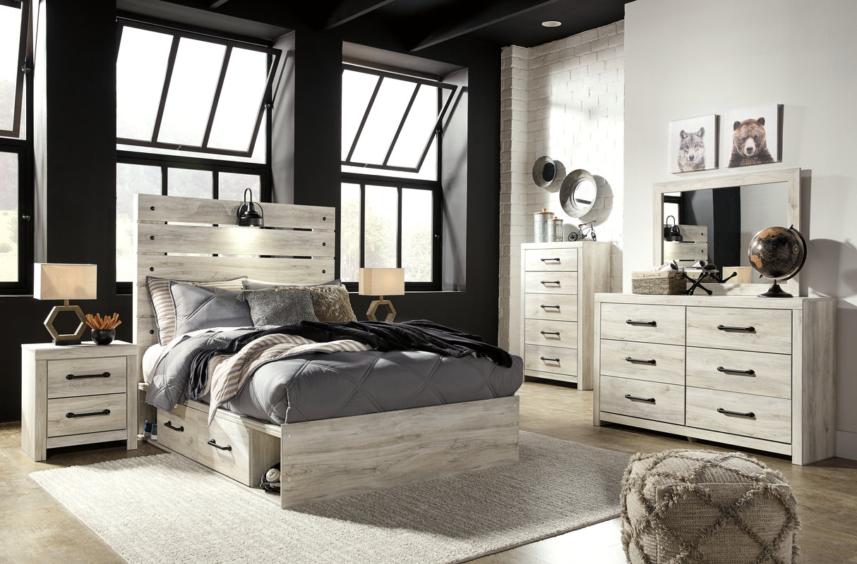 Cambeck Full Panel Bed with 2 Storage Drawers with Mirrored Dresser, Chest and 2 Nightstands in Whitewash from Ashley - Luna Furniture