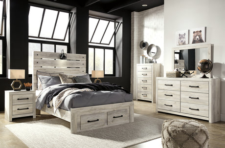Cambeck Full Panel Bed with 2 Storage Drawers with Mirrored Dresser, Chest and 2 Nightstands in Whitewash from Ashley - Luna Furniture