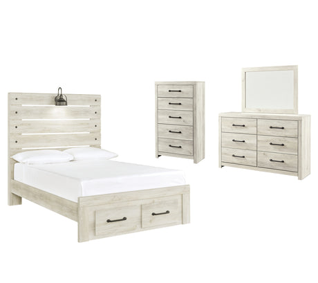 Cambeck Full Panel Bed with 2 Storage Drawers with Mirrored Dresser and Chest in Whitewash from Ashley - Luna Furniture
