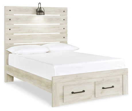 Cambeck Full Panel Bed with 2 Storage Drawers with Mirrored Dresser and Chest in Whitewash from Ashley - Luna Furniture