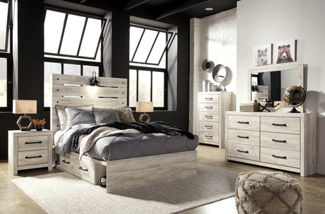 Cambeck Full Panel Bed with 4 Storage Drawers with Mirrored Dresser, Chest and 2 Nightstands in Whitewash from Ashley - Luna Furniture