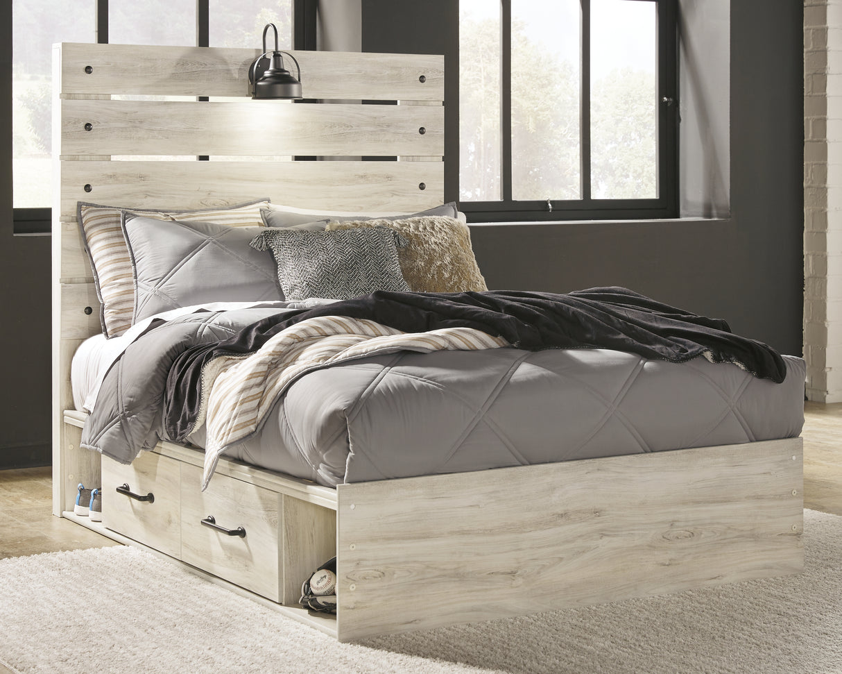 Cambeck Full Panel Bed with 4 Storage Drawers with Mirrored Dresser and Chest in Whitewash from Ashley - Luna Furniture