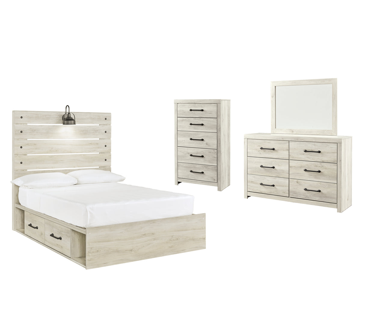 Cambeck Full Panel Bed with 4 Storage Drawers with Mirrored Dresser and Chest in Whitewash from Ashley - Luna Furniture