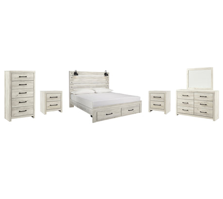Cambeck King Panel Bed with 2 Storage Drawers with Mirrored Dresser, Chest and 2 Nightstands in Whitewash from Ashley - Luna Furniture
