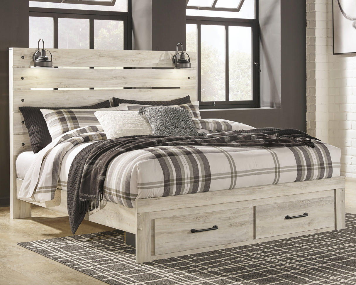 Cambeck King Panel Bed with 2 Storage Drawers with Mirrored Dresser and 2 Nightstands in Whitewash from Ashley - Luna Furniture