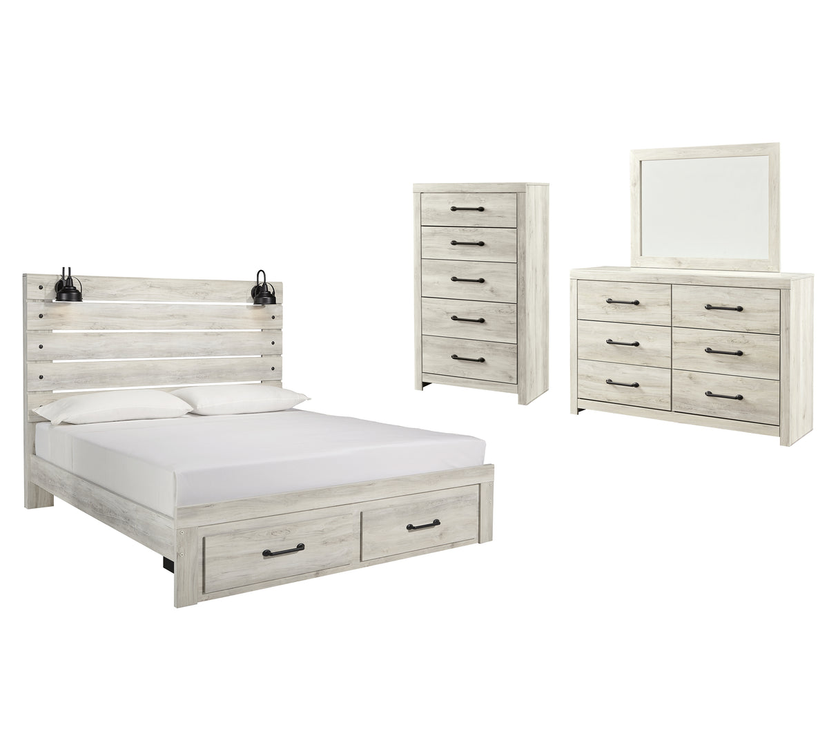 Cambeck King Panel Bed with 2 Storage Drawers with Mirrored Dresser and Chest in Whitewash from Ashley - Luna Furniture