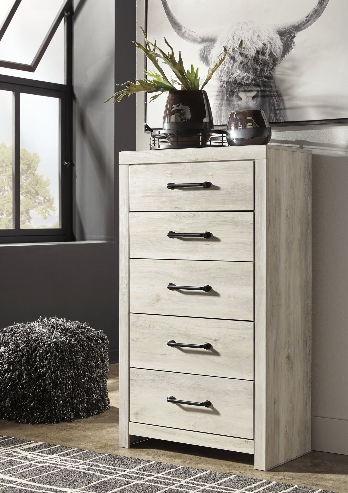 Cambeck King Panel Bed with 2 Storage Drawers with Mirrored Dresser and Chest in Whitewash from Ashley - Luna Furniture