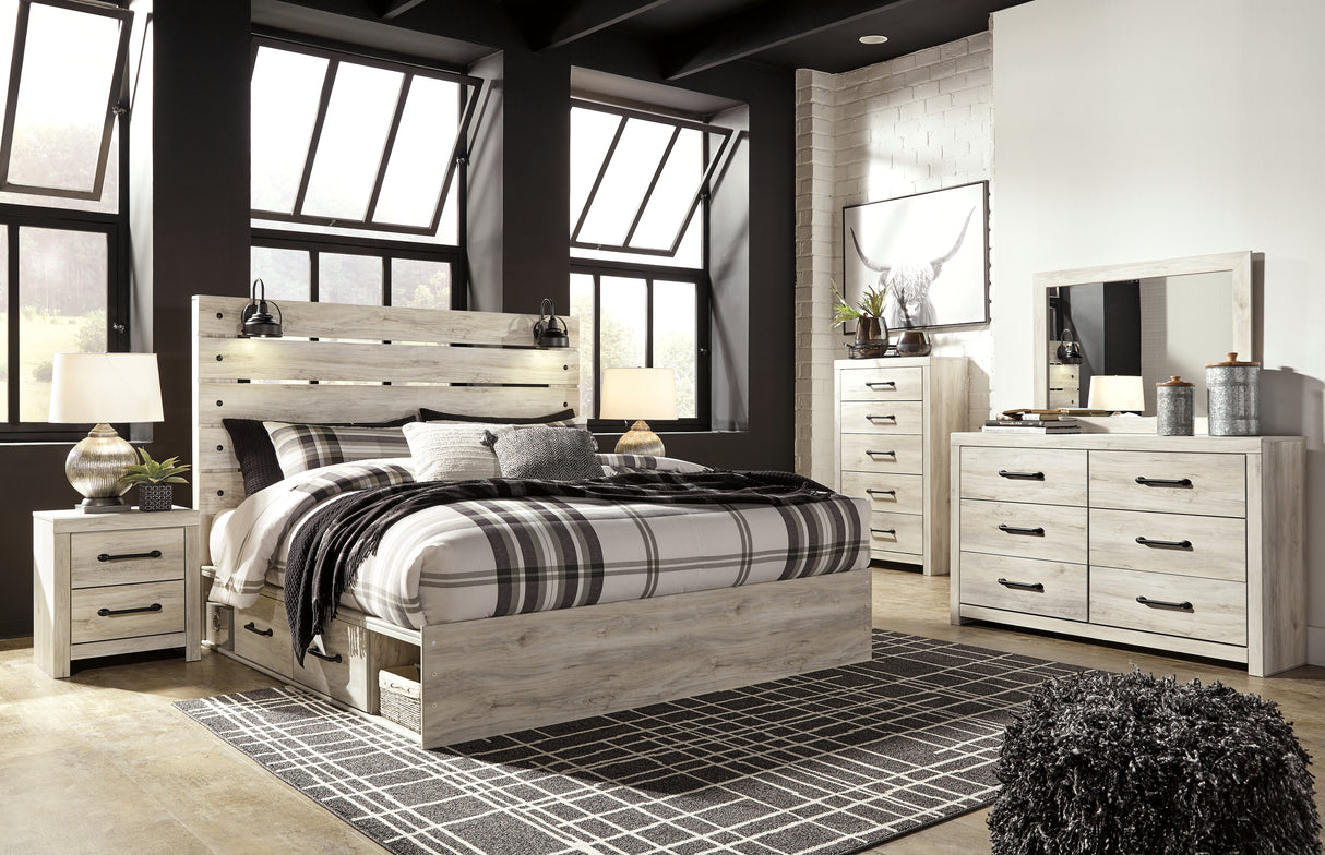 Cambeck King Panel Bed with 4 Storage Drawers with Mirrored Dresser, Chest and 2 Nightstands in Whitewash from Ashley - Luna Furniture