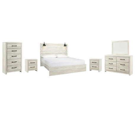 Cambeck King Panel Bed with Mirrored Dresser, Chest and 2 Nightstands in Whitewash from Ashley - Luna Furniture